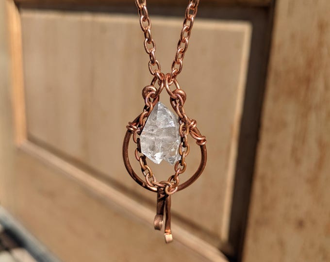 Herkimer diamond cluster pendant in solid copper, solid copper herkimer crystal pendant, natural herkimer cluster crystal, high quality raw