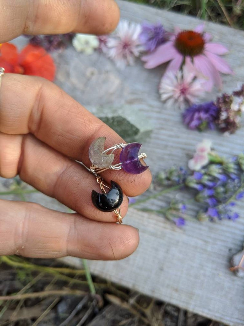 crescent moon black tourmaline crescent ring Natural crystal Crescent moon ring amethyst moon ring labradorite crescent moon ring
