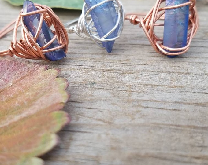 Tanzan aura quartz ring, silver tanzan aura ring, tanzanite ayra quartz ring, copper tanzan aura quartz, rainbow aura, aqua aura, tanzain