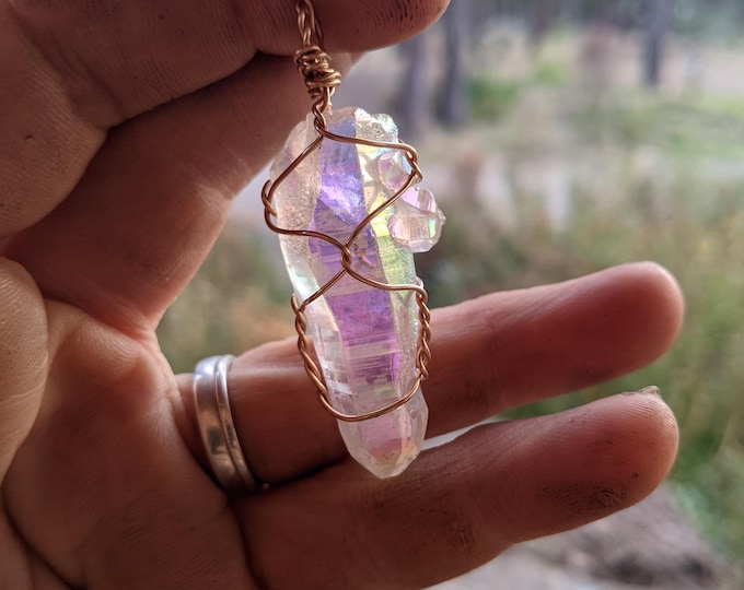 Extra large cluster terminated angel aura quartz crystal with little baby, bronze gold angel aura quartz pendant, mama and baby necklace, go