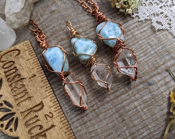 Larimar and clear quartz crystal combo pendant, larimar pendant, larimar necklace, high quality clear quartz pendant, quartz necklace, real