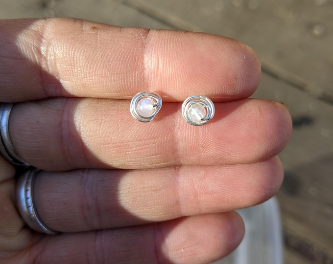Moonstone crystal studs, silver moonstone studs, handmade crystal studs, rainbow moonstone studs, natural silver crystal studs, swirly moon