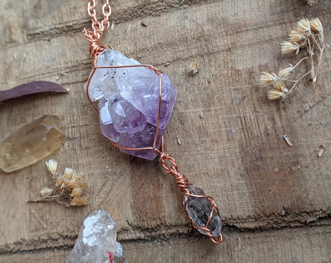 Large amethyst cluster and carbon herkimer diamond crystal pendant, amethyst pendant, amethyst necklace, herkimer pendant, herkimer necklace