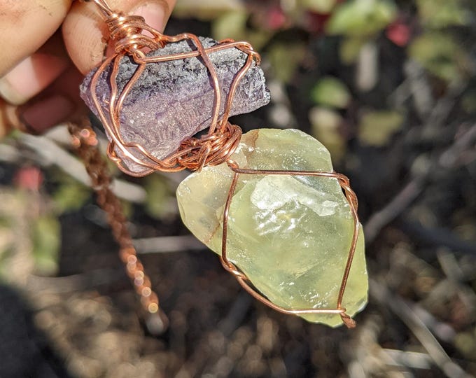 Green calcite and purple fluorite crystal pendant, emerald calcite pendant, flourite pendant, purple fluorite necklace, calcite necklace,