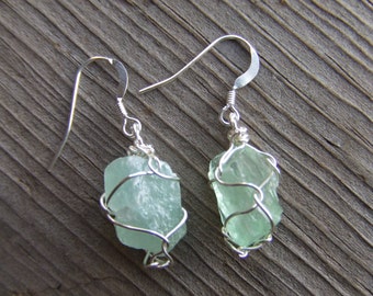 Emerald green calcite crystal earrings with sterling silver hooks
