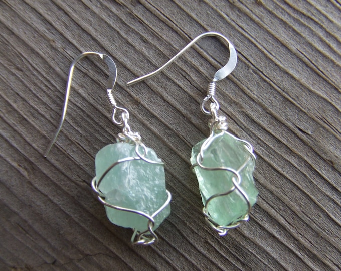 Emerald green calcite crystal earrings with sterling silver hooks