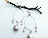 Coin pearl drop Sterling silver hammered chandelier earrings