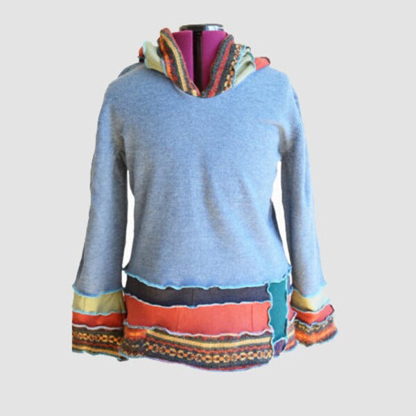 Upcycled Hoodie Mens or Unisex Wool Mens Medium Womens Large Recycled Blue Eco Friendly