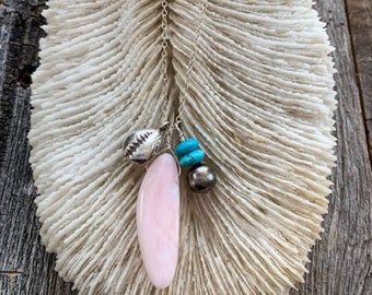 Cowrie Shell Necklace | Puka Shell | Tahitian Pearl | Pink Opal | Turquoise | Thai Karen Hill Tribe Silver