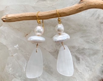 Freshwater Pearl Earrings | Selenite | Baroque Pearl | 24K Gold Vermeil | Beach Chic