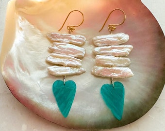 Heart Earrings | Apatite | Freshwater Pearl | Stick Pearl | 18K Gold Vermeil