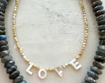 LOVE Necklace | Mother of Pearl Letters | Micro Faceted Mother of Pearl Beads | 18K Gold Vermeil