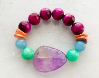 Amethyst Bracelet | Chrysoprase | Aquamarine | Magenta Tigers Eye | Spiny Oyster Shell | Beach Chic