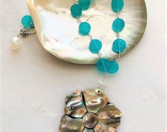 Apatite Necklace | Mother Of Pearl Flower | Moonstone | Sterling Silver | Gemstone | Bohemian | Beach