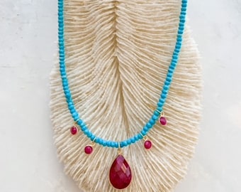 Genuine Ruby Necklace | Sleeping Beauty Turquoise | Fuchsia Tigers Eye | 22K Gold Vermeil