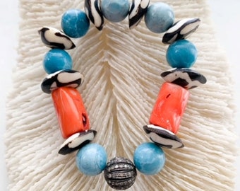 Pave Diamond Bracelet | Larimar | Bamboo Coral | African Trade Beads | Beach Chic