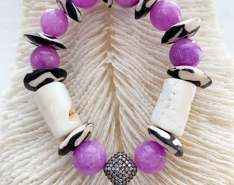 Pave Diamond Bracelet | Bamboo Coral | Purple Phosphosiderite | African Trade Beads | Beach Chic