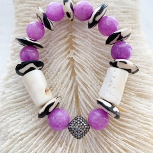 Pave Diamond Bracelet Bamboo Coral Purple Phosphosiderite African Trade Beads Beach Chic image 1
