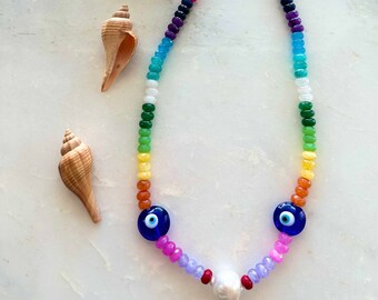 Aloha Rainbow Jade Necklace | Baroque Freshwater Pearl | Evil Eye | Long Necklace | 24K Gold Vermeil