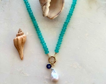 Amazonite Necklace | Fireball Pearl | Evil Eye | 18K Gold Filled Sailors Clasp