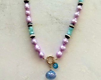 Lavender Freshwater Pearl Necklace | Mystic Quartz | Evil Eye | Green Moonstone | Sailors Clasp 18K Gold Filled