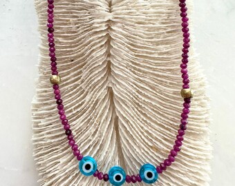 Evil Eye Necklace | Genuine Ruby | Bronze Beads | Turquoise | 14K Gold Filled Clasp