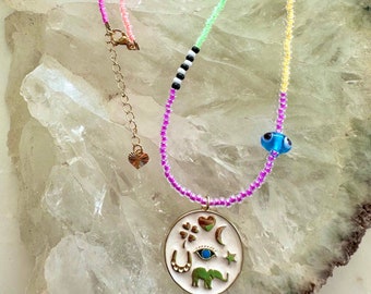 Good Luck Charm Necklace with Evil Eye Anti Envy Protection Colorful Neon Beads Gold Long Adjustable