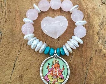 Ganesh Bracelet | Peruvian Opal | Rose Quartz | Freshwater Pearl | Gemstone | Bohemian | Stack Bracelet