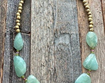 Aquamarine Necklace | Green Garnet | Pink Tourmaline | Bronze | Ruby | Baroque Pearl