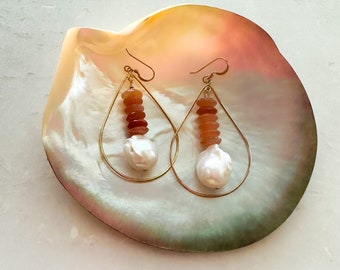 Peach Moonstone Earrings | Baroque Freshwater Pearl | Gold Vermeil | Dangle