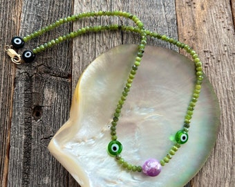 Evil Eye Necklace | Green Jade | Lavender Baroque Freshwater Pearl | 14K Gold Filled