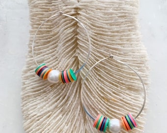 Sterling Silver Hoop Earrings | Baroque Freshwater Pearls | Colorful African Vintage Vinyl Discs