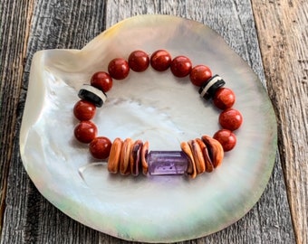 Sponge Coral Bracelet | Amethyst | Spiny Oyster Shell | African Trade Bead | Beach Style | Raw Gemstone