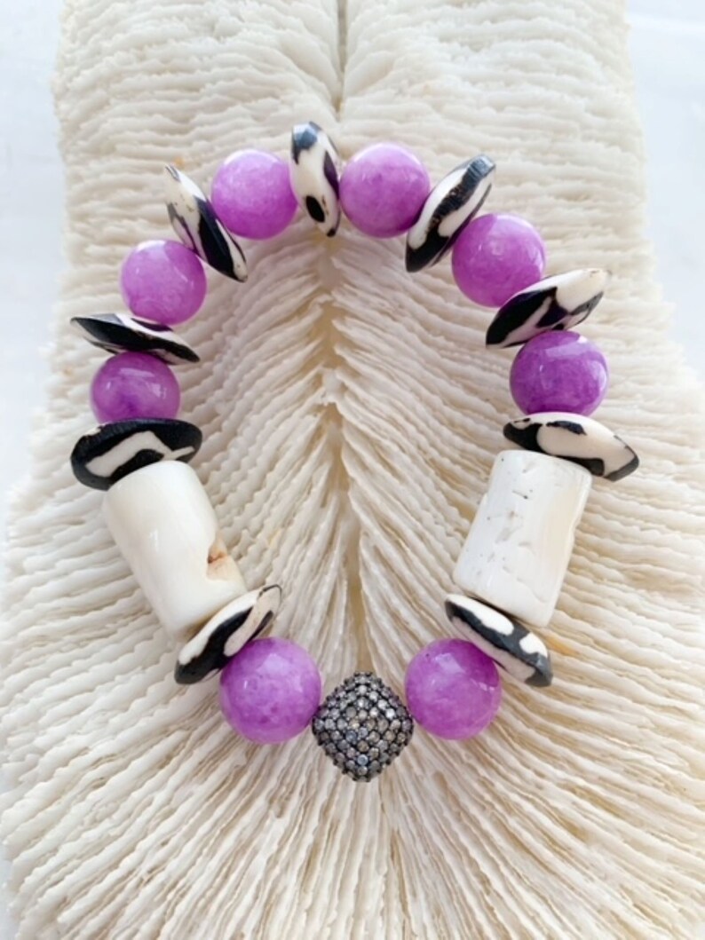 Pave Diamond Bracelet Bamboo Coral Purple Phosphosiderite African Trade Beads Beach Chic image 1