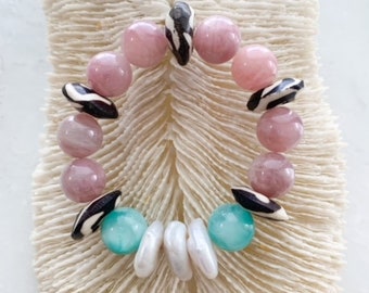 Australian Rose Quartz Bracelet | Baroque Coin Freshwater Pearls | Green Moonstone | African Trade Beads