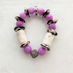 Pave Diamond Bracelet Bamboo Coral Purple Phosphosiderite African Trade Beads Beach Chic image 4