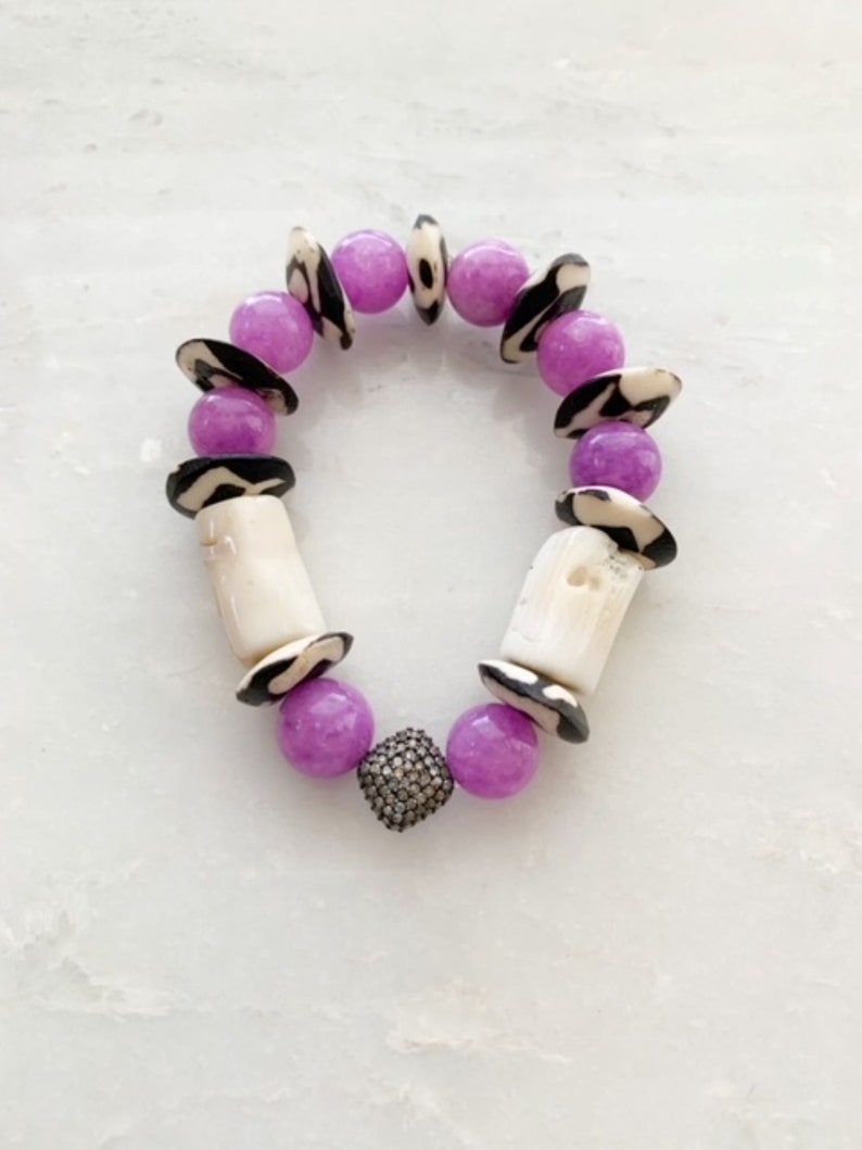 Pave Diamond Bracelet Bamboo Coral Purple Phosphosiderite African Trade Beads Beach Chic image 4