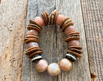 Baroque Champagne Freshwater Pearl Bracelet | Peach Moonstone | Shell | African Trade Beads