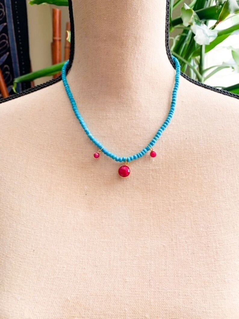 Sleeping Beauty Turquoise Necklace Genuine Ruby Fuchsia Tigers Eye 22K Gold Vermeil image 4