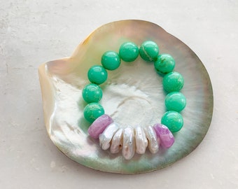 Chrysoprase Bracelet | Baroque Freshwater Pearl | Kuzinite | Beaded | Beach Resort Style