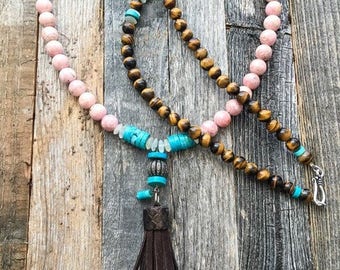 Pave Diamond Necklace | Leather Tassel Necklace | Kingman Turquoise | Rhodochrosite | Moonstone | Bohemian