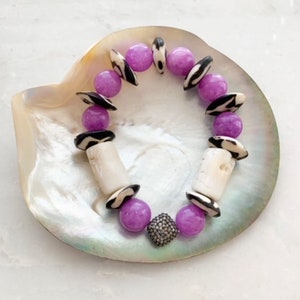 Pave Diamond Bracelet Bamboo Coral Purple Phosphosiderite African Trade Beads Beach Chic image 2