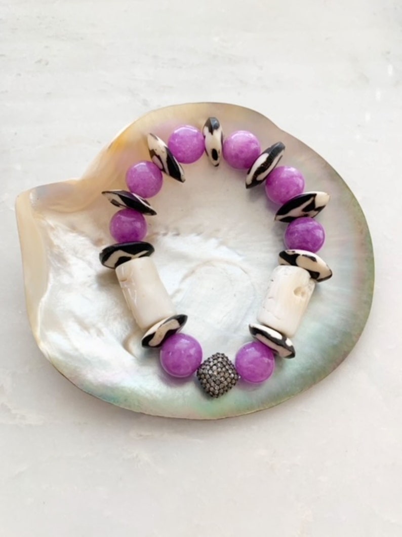Pave Diamond Bracelet Bamboo Coral Purple Phosphosiderite African Trade Beads Beach Chic image 2