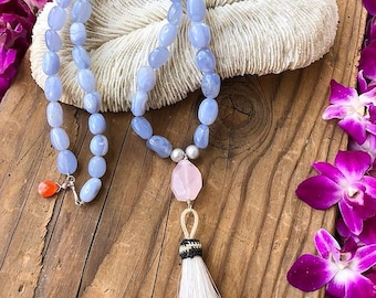 Periwinkle Chalcedony Necklace | Rose Quartz | Baroque Freshwater Pearl | Tassel | Long Necklace | Bohemian | Gemstone