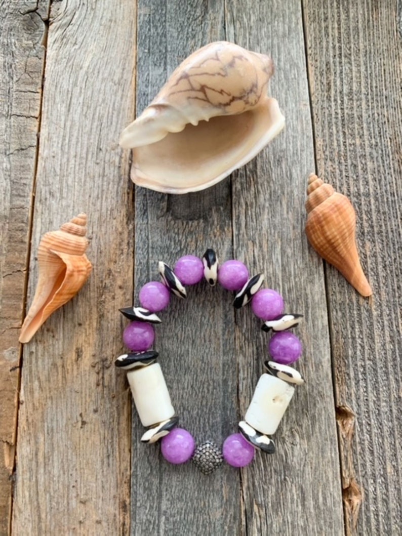 Pave Diamond Bracelet Bamboo Coral Purple Phosphosiderite African Trade Beads Beach Chic image 3