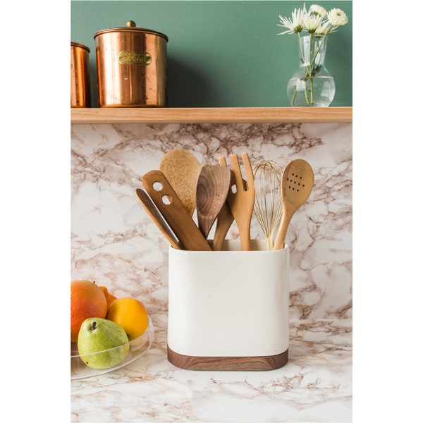 Stak Ceramics Porter Utensil Holder Gloss Speckle with Walnut Base