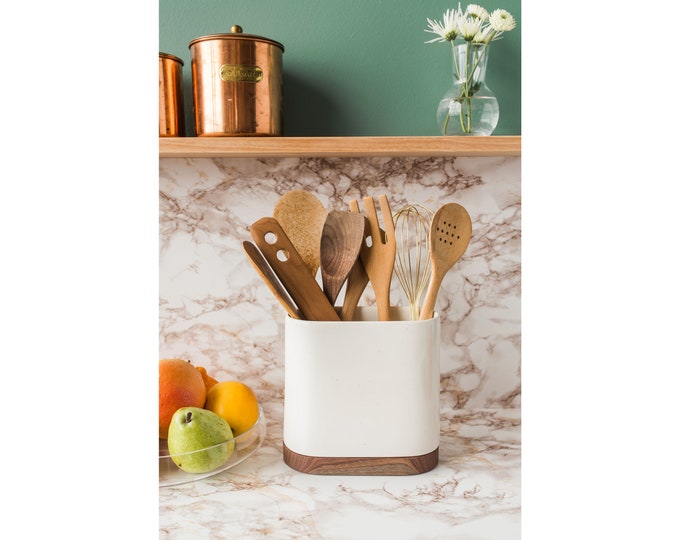 Stak Ceramics Porter Utensil Holder Gloss Speckle With Walnut Etsy