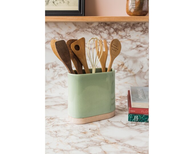 Stak Ceramics Porter Utensil Holder Gloss Sage and Maple Base Etsy