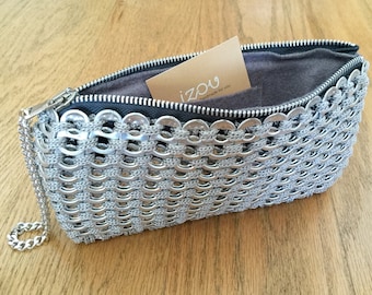 Soda Tab / Pop Tab Handmade Gray Crochet Clutch with Wristlet Chain - Soda Tab Purse, Zipper Clutch