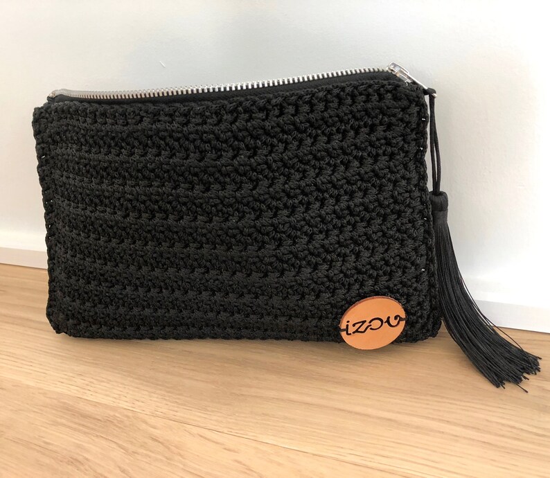 Handgemachte schwarz häkeln Clutch Tasche mit Reißverschluss Handtasche